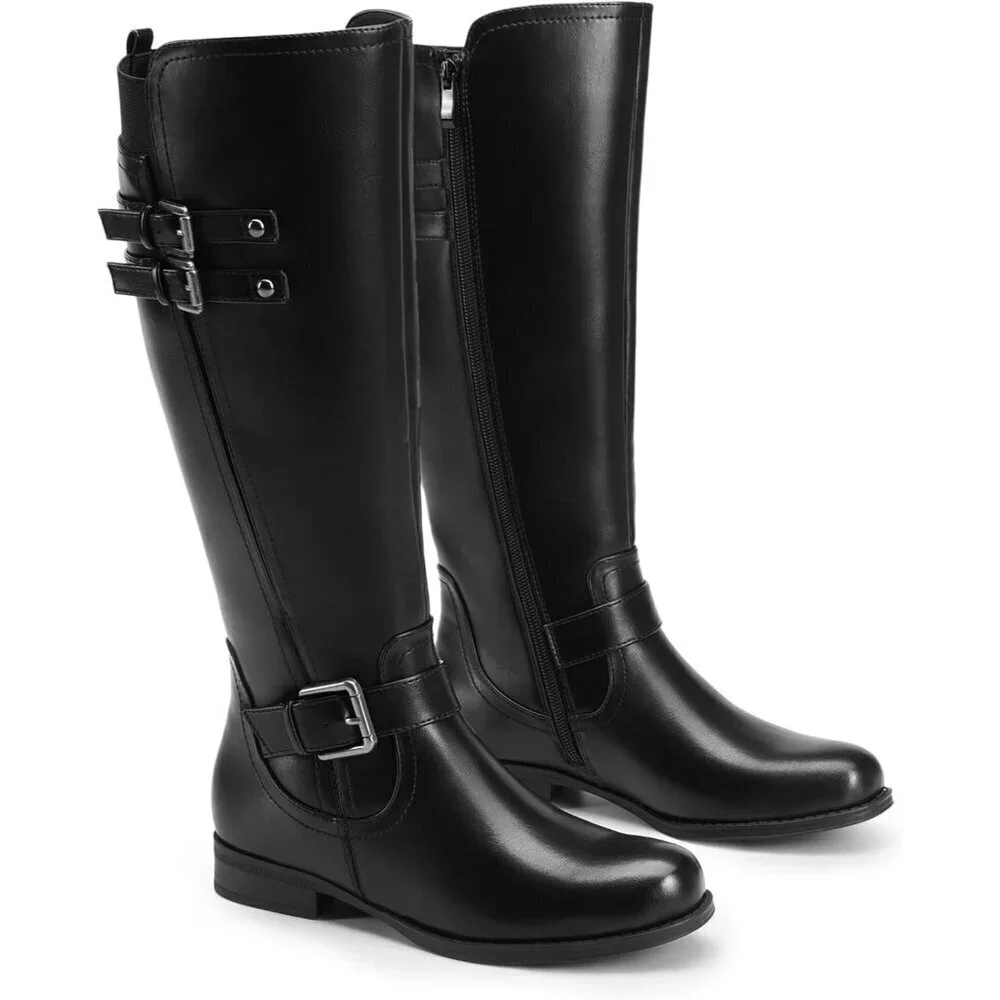 🆕Womens Faux Leather Black Knee High Buckle Chunky Heel Flat Riding Pirate Boot